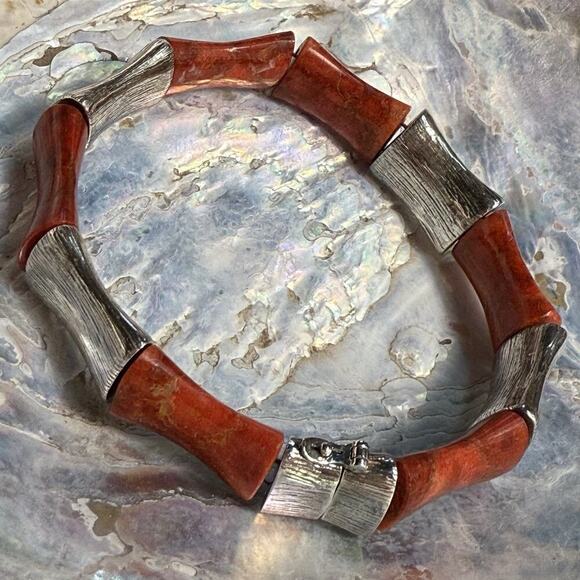 JAY KING Desert Rose Trading Bamboo Red Coral Sterling Silver 925 Bracelet 34g - Picture 1 of 12